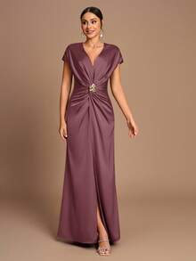 SHEIN Belle Váy phù dâu xẻ tà chữ A tay ngắn xếp ly màu cà phê lãng mạn thanh lịch - Gỗ đỏ - Xem 6