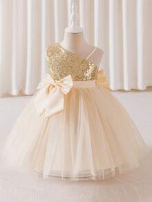 Glamorique Kids 圣诞节小女孩派对礼服、圣诞老人礼服、新年礼服、带大蝴蝶结的女孩公主蓬蓬裙、精美舞台表演服装 - 杏色 - 查看 6