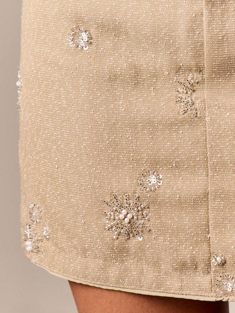 AiiRZ Embellished Beige Mini Skirt With Crystal Sequin Details Bodycon Tailored High Waist Party Evening Formal Holiday Celebration