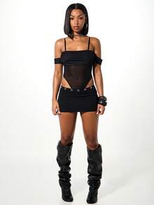 SUMWON WOMEN Mesh Off Shoulder Cold Shoulder Bodysuit With Adjustable Straps For Night Out Party Club Wear - Black - View 3