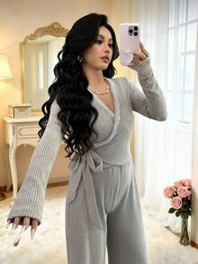 Islaluna Bộ đồ liền thân ống rộng cổ chữ V đan gân màu mơ mới thời trang dành cho nữ, thích hợp mặc hàng ngày, đám cưới, dạ hội, đi làm, tiệc tốt nghiệp, ngày lễ, hẹn hò, tiệc tùng, Halloween, Giáng sinh, năm mới, lễ tạ ơn - Màu Khaki - Xem 3