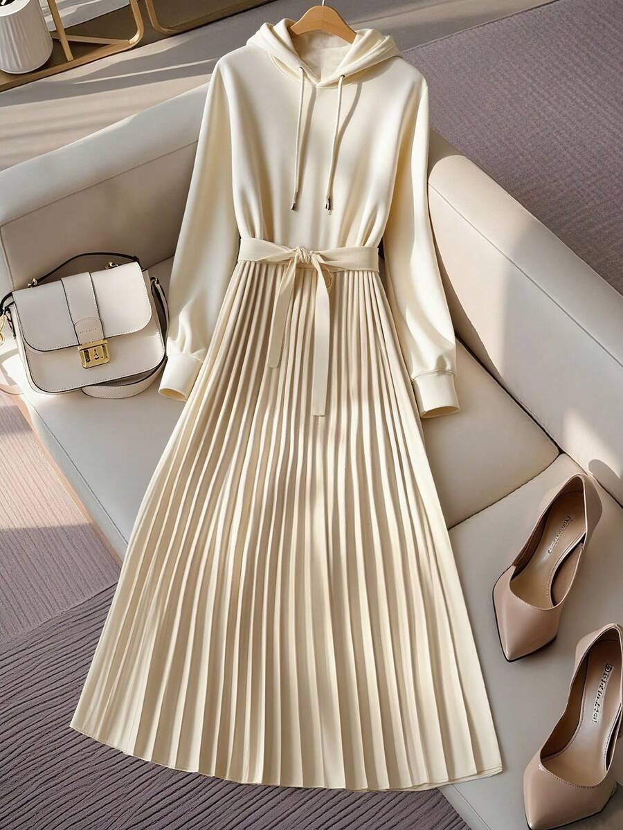 Franclia 女士休闲时尚年轻简约百搭通勤修身连帽运动衫上衣和褶皱下摆长裙，秋冬 - 杏色 - 查看 1