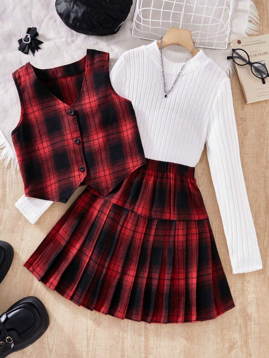SHEIN Sparklyn 少女时尚百搭学院风无袖格子背心、高领条纹长袖T恤和黑色百褶裙三件套，春秋季 - 彩色 - 查看 1