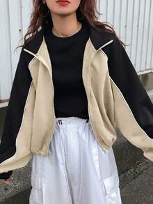 FRIFUL Women's Contrast Color Short Zip Up Loose Fit Jacket, Long Sleeve - Apricot - View 3