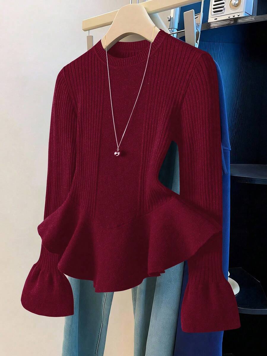 Franclia 女士优雅荷叶边下摆修身毛衣，简约纯色，适合秋冬季节穿着。 - 酒紅色 - 查看 1