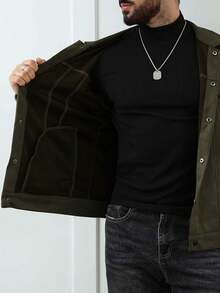Manfinity Homme Men's Casual Versatile Solid Color Suede Fleece Jacket, Autumn - Army Green - View 5