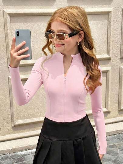 SHEIN 少女休闲简约时尚百搭立领拉链修身短款白色长袖T恤，适合周末、休闲外出、返校穿着。