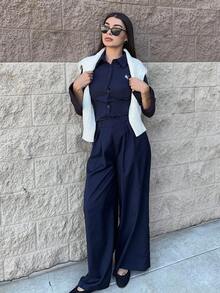 Andrea Bello New Casual High Waist Solid Beige Culottes For Spring & Summer, Goes Well With Vintage Belt, Elegant Style Suitable For Daily, Work, Graduation Season, Vintage Music Festival, Derby, Independence Day Fall Cloth For Women - Navy Blue - View 5