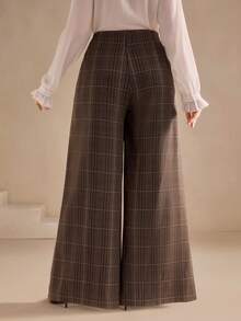 Anewsta Calça xadrez clássica e elegante para mulheres plus size, com fivela metálica, ideal para o ambiente de trabalho. - Castanho Café - Ver 2