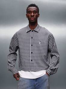 PLAYBOY X SUMWON Men Plaid Check Pattern Button Down Long Sleeve Cropped Fit Collared Shirt - Black - View 2