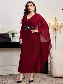 Modelyn Plus Size Women Sequin Patchwork Asymmetric Sleeve Elegant Dress - Burgundy - View 4