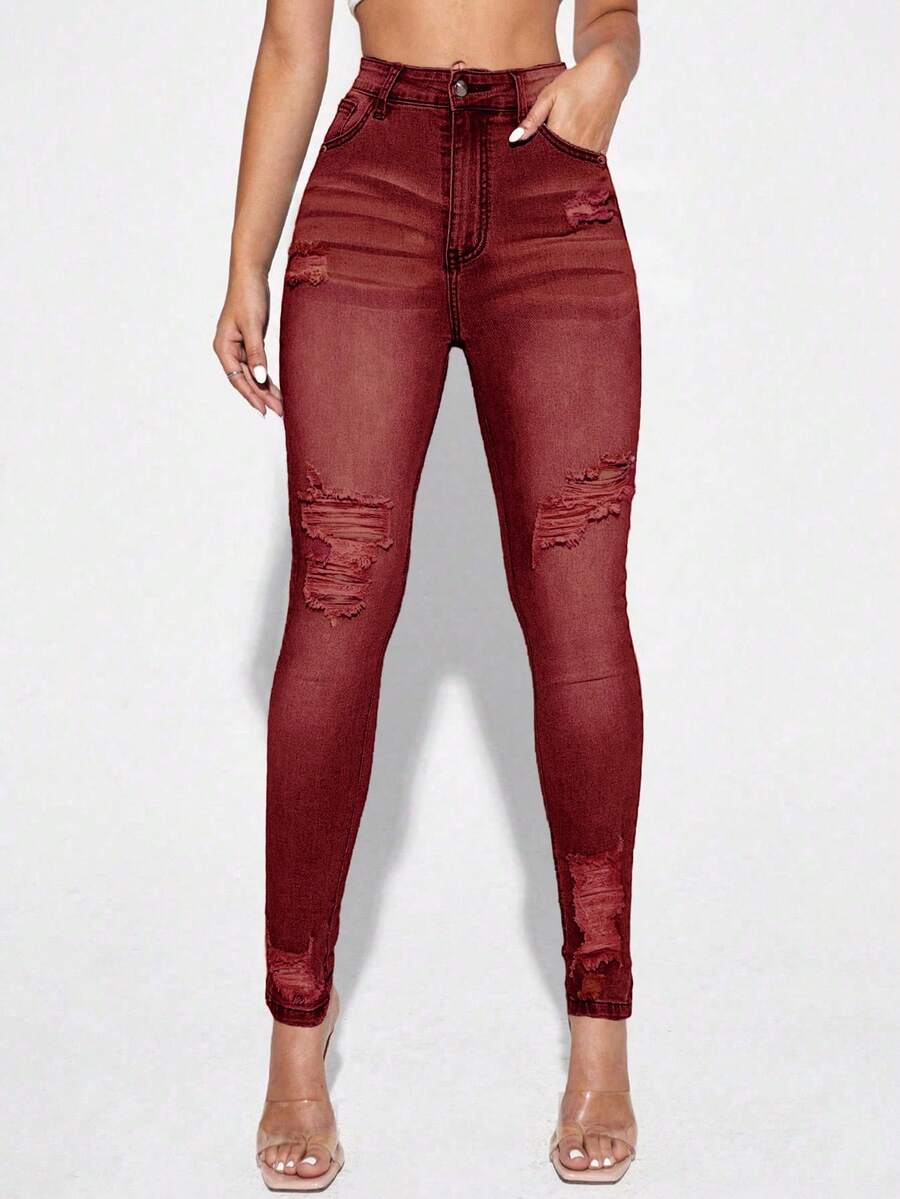 SHEIN Essnce Quần Jeans Denim Ôm Vừa Vặn, Giặt Thường Ngày - Màu Đỏ Sâu - Xem 1