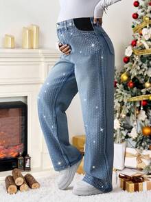 SHEIN 孕妇休闲水洗水钻直筒牛仔裤 蓝色 冬季 圣诞节 新年 感恩节 派对必备 闪亮派对 夜生活 通勤 度假 毕业季 时尚 Y2K 可爱 街头风 生日派对 婚礼 优雅 商务休闲 女士闪亮浅色水洗牛仔裤 宽松直筒水钻细节休闲风格 水钻牛仔裤 闪亮牛仔裤 - 藍色 - 查看 6