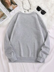 INAWLY Women's Slogan Embroidered Crew Neck Dropped Shoulder Long Sleeve Casual Loose Sweatshirt - Light Grey - View 2