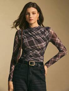 Poéselle Camiseta de manga larga con cuello a cuadros y fruncido, ajustada y de moda para mujeres, elegante blusa para mujer, casual para mujer, adecuada para uso diario, salir, ir y venir en otoño/invierno, top a cuadros con estampado gráfico - Gris Oscuro - Ver 6