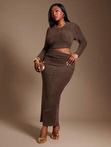 SHEIN SXY Plus Size Women's Tight Brown Round Neck Long Sleeve T-Shirt And Folded Waist Skirt Two Pieces Set - Brown - View 5