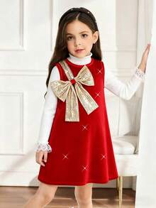 Glamorique Kids Young Girls Christmas Princess Elegant Dress Set,White Turtleneck Knit Sweater With Ruffle Cuffs,Gold Sequin Bow Pinafore,Autumn,7th Birthday Outfit - Red - View 7