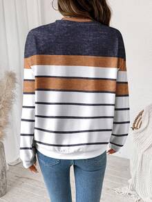 SHEIN LUNE Plus Size Women Striped Print Crew Neck Drop Shoulder Long Sleeve Casual Sweatshirt, Suitable For Autumn/Winter - Multicolor - View 2