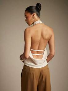 Hauture Sexy Summer Casual Asymmetrical Neck Backless Cowl Top - Khaki - View 5