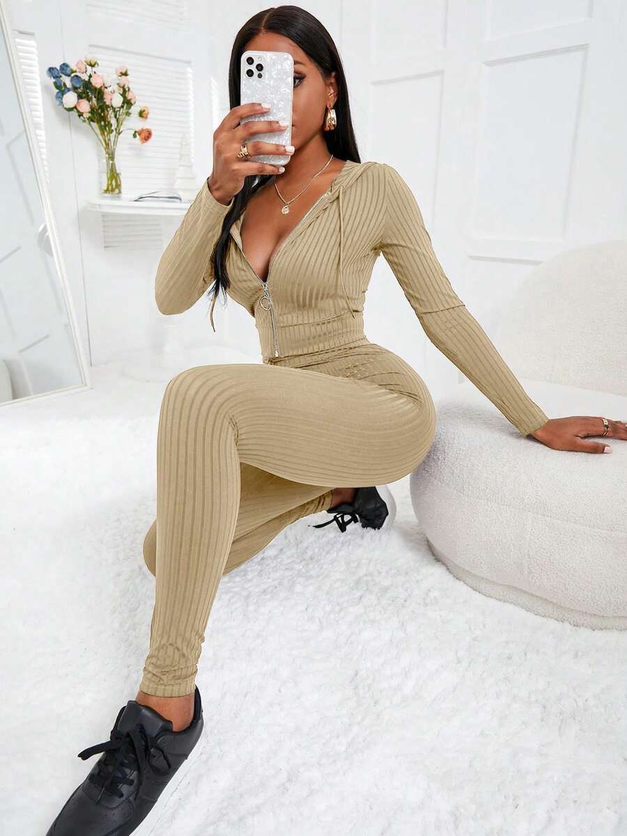 Zolique Rib-Knit O-Ring Zipper Drawstring Hoodie & Leggings Fall Cloth For Women - Apricot - View 1