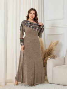 Lacomfia 大码女式斜肩褶皱长袖彩色条纹拼接A字连衣裙 - 棕色 - 查看 1
