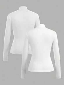 SHEIN EZwear 2件套女士白色高领紧身长袖打底T恤套装，秋冬季 - 白色 - 查看 2