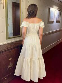 Elenzga New Women's Off-Shoulder Puff Sleeve Front Tie Bow Waist Gathered A-Line Skirt, Vacation Casual Fashion Young Daily Versatile Flattering Elegant 2-Piece Set - Apricot - View 2