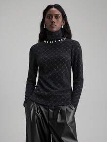 Ontre 2025 Autumn/Winter New Versatile Romantic Knit Top, Suitable For Wedding Guests, Hosts, Outings, Parties, Concerts, Brunch, Airport, Halloween, Christmas, National Day, New Year Occasions. Elegant Rhinestone Knit Fabric, Loose Fit, Women's Knit Top, Business Casual, Commute, Daily Wear, Autumn/Winter For 5-15°C Lace - Black - View 4