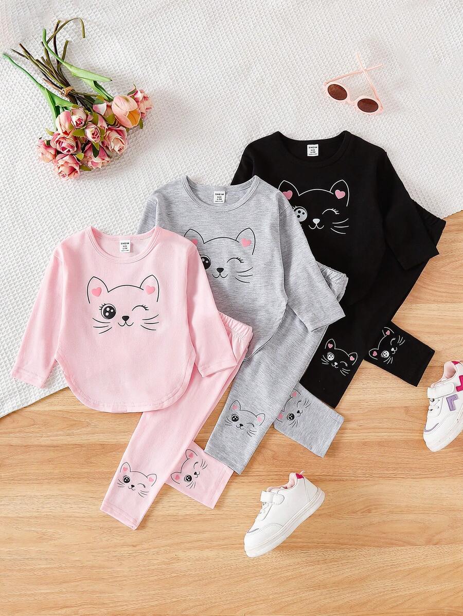 SHEIN Playful Pals 6件套可爱女童春秋季罗纹面料蝴蝶结印花/蝴蝶结满印/纯色玫红色长袖弧形下摆T恤和修身长裤休闲时尚套装 - 彩色 - 查看 1