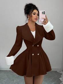 Elenzga Áo khoác len dày dặn dáng chữ A, cổ bẻ, ve bo, eo, chất liệu lông chồn dành cho nữ, thanh lịch, dễ mặc hàng ngày - màu nâu - Xem 5