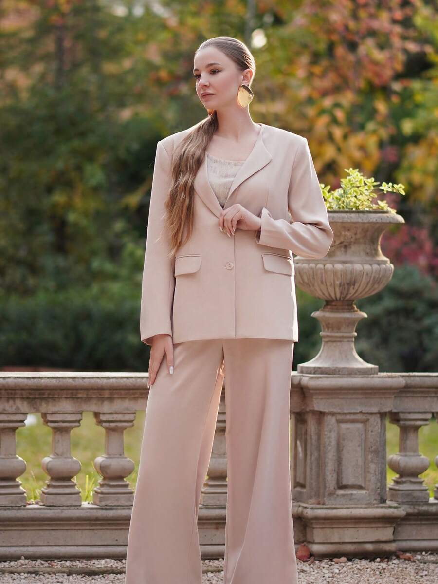 2pcs Women Old Money Loose Camel Suit Jacket + Straight Leg Suit Pants Formal Suit Set - Camel - View 1
