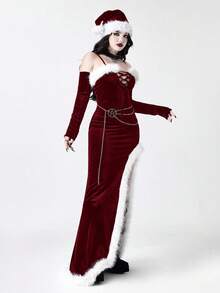 ROMWE Gothic Style Velvet Patchwork Fur Trim High Slit Fitted Dress - Burgundy - View 9