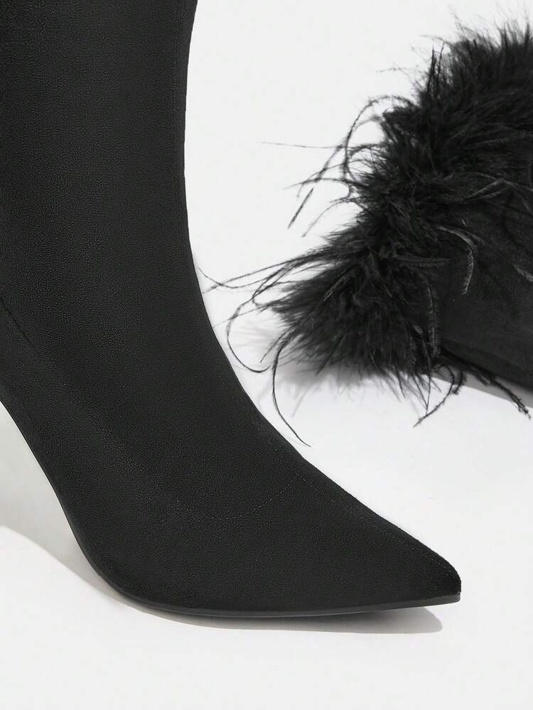 Faux Suede Fuzzy & Bow Decor Point Toe Stiletto Heeled Boots