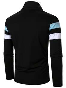 Manfinity Homme 男士撞色条纹拼接半拉链长袖 Polo 衫 男士休闲上衣 男士长袖夏季 T 恤 高品质 T 恤 Polo 衫 男士长袖橄榄球衫 - 彩色 - 查看 2