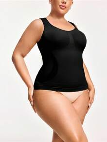 SHAPORA Plus Size Solid Color Sleeveless Waist Shaping Top - Black - View 3