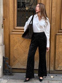 SHEIN PariChic Women's High Waist Wide Leg Sequin Pants, Autumn - Black - View 4