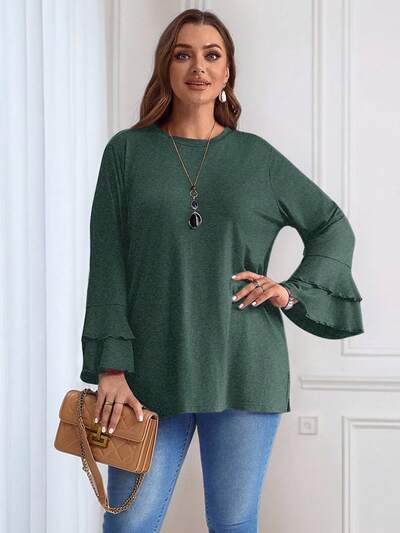Plus Size Winter Women Casual Purple Bell Sleeve Side Slit T-Shirt