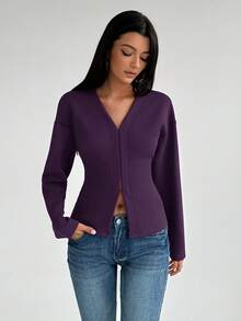 Aloruh Women's Fashionable French Retro V-Neck Raglan Sleeve Long Sleeve Burgundy Knit Shirt - Purple - View 4
