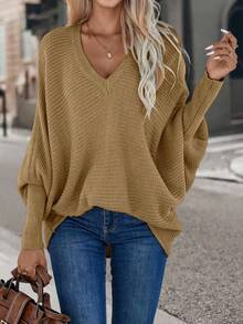 SHEIN LUNE Solid Color Batwing Sleeve V-Neck Loose Knit Pullover Sweater - Mocha Brown - View 3