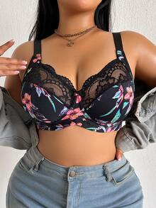 SHEIN 1pc Plus Size Lace Patchwork Wireless Bra - Multicolor - View 8