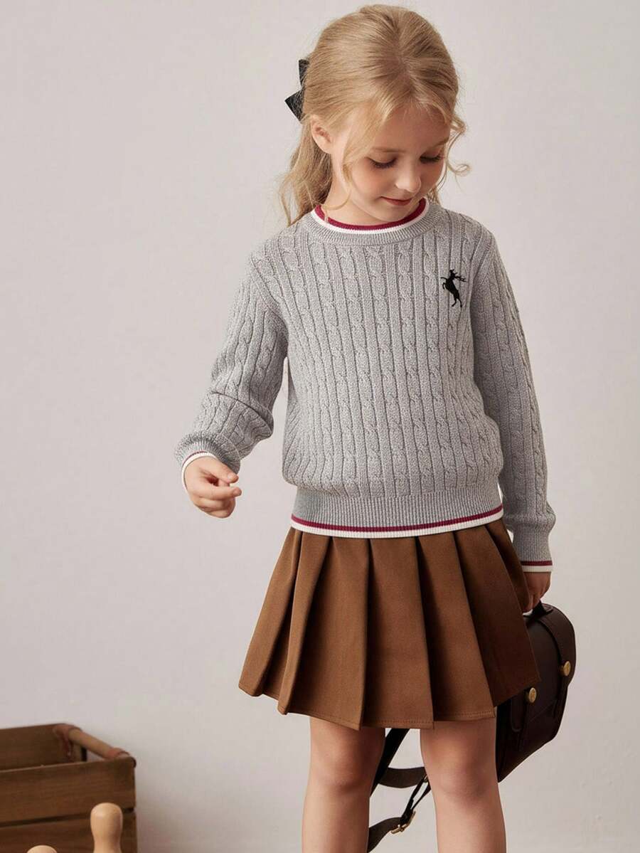 PrepCrw Sweater Rajut Kabel Bordir Lengan Panjang Kerah Bulat Cocok untuk Musim Semi, Musim Panas, Musim Gugur, Musim Dingin, Hadiah Natal yang Bagus untuk Anak Perempuan - Grey - View 1