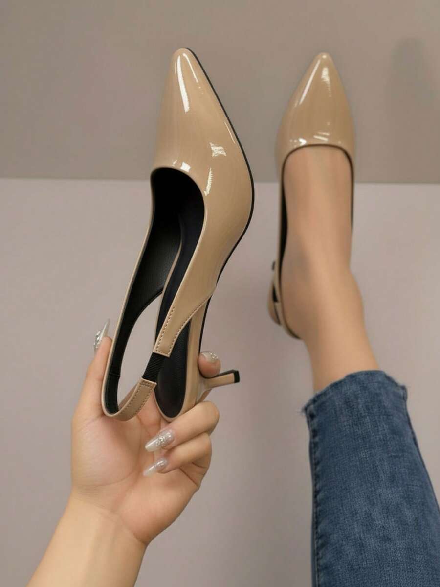 Zapato para mujer charol brillante punta fina sin cordones tacón delgado estilo minimalista uso oficina tacón elegante - Caqui - Ver 1
