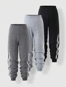 SHEIN Explorewe Quần nỉ sọc rút eo thường ngày cho bé trai tuổi teen, thích hợp mặc khi đi chơi, chơi thể thao và đi học vào mùa thu đông - Nhiều màu - Xem 1