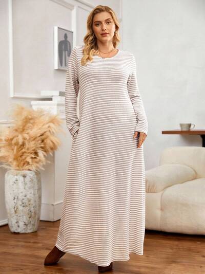 Plus Size Casual Striped Dress,Long Casual Dress, Autumn/Winter,2025 New, Pocket Lounge Dress Long Sleeve Dress
