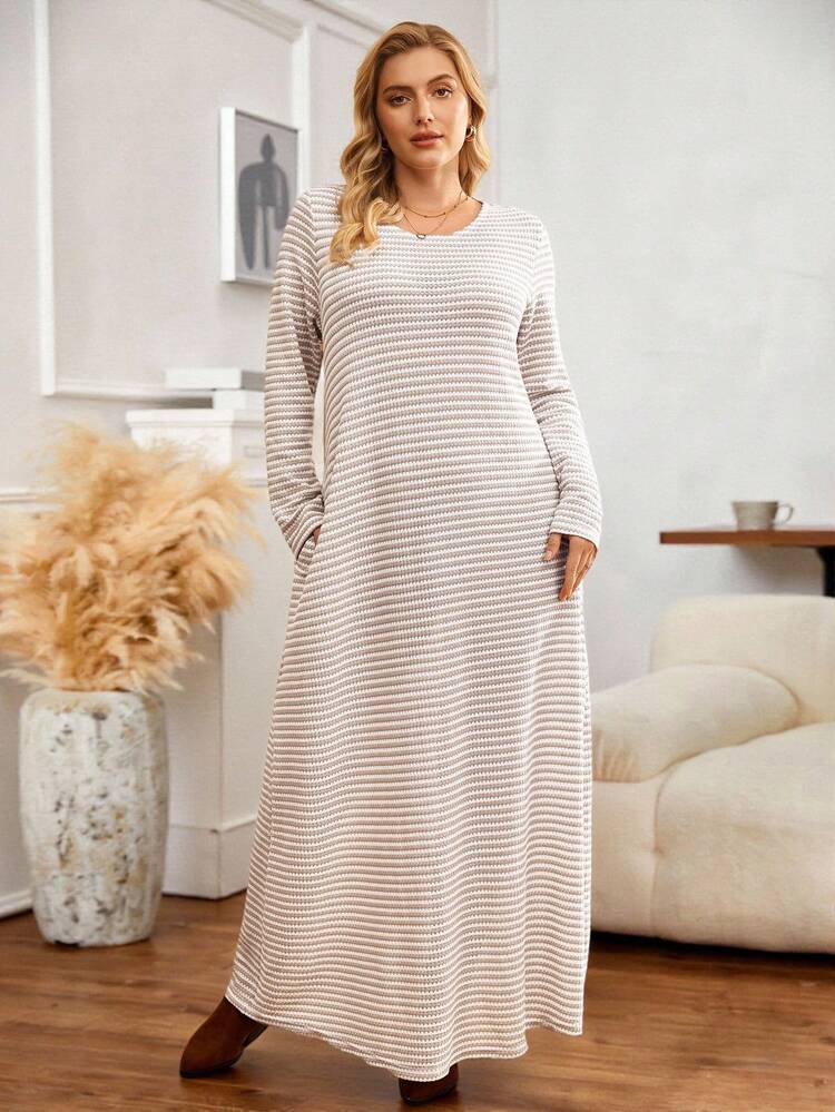Plus Size Casual Striped Dress,Long Casual Dress, Autumn/Winter,2025 New, Pocket Lounge Dress Long Sleeve Dress