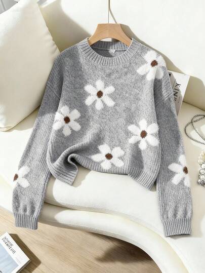 EMERY ROSE Women's Casual Fluffy Flower Pattern Round Neck Drop Shoulder Long Sleeve Knit Pullover Sweater, Autumn/Winter