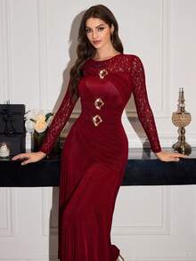 Modelyn 蕾丝拼接金属扣褶裥收腰修身长袖连衣裙，秋季款 - 酒紅色 - 查看 8