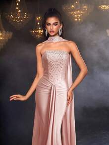 Glamrae 优雅、奢华、水钻装饰性感抹胸弹力针织美人鱼连衣裙，适合婚礼、单身派对、度假、庆典、正式活动（重度装饰） - 藕粉色 - 查看 4