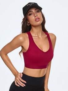 SHEIN Sports Women's Seamless Ribbed Molded Cup V-Neck Racerback Sports Bra,Red Workout Top,Burgundy Sports Bra,Workout Top Open Back - Red - View 2