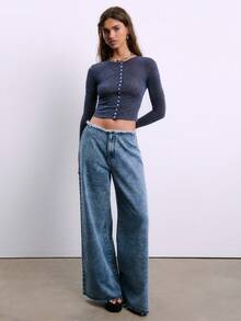 Nöista 纯色针织长袖圆领半透明无门襟上衣衬衫 新年 - 藍色 - 查看 3